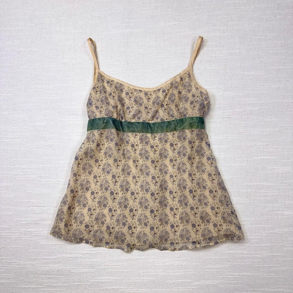 Abercrombie & Fitch Silk Floral Babydoll Cami Top Cream Blue Y2K Vintage Small